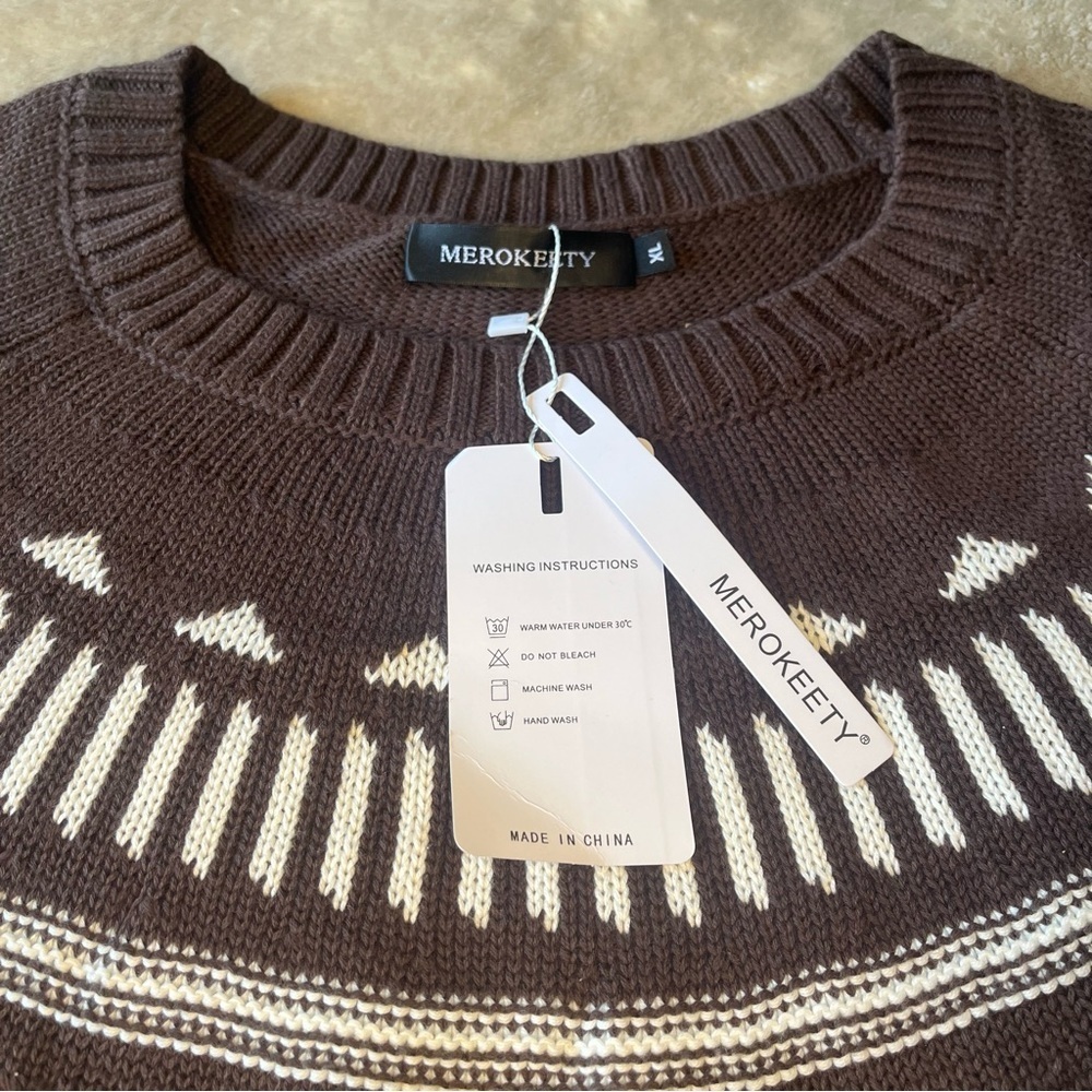 NWT Brown White Crewneck Block Sweater Long Sleeve Knitted Womens XL Oversized - Picture 6 of 11